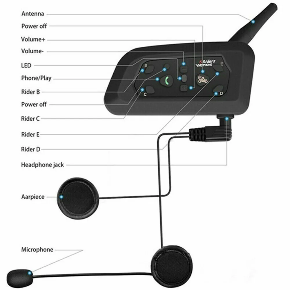 V6 Bluetooth Motorcycle Headset Intercom Helmet Headphone Speaker 1200M for 6 Riders IP65 MP3 GPS Full-face / Half-face helmet