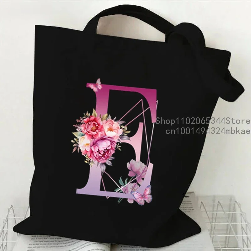 Borsa tote in tela retrò con motivo floreale viola con alfabeto Borsa shopper riutilizzabile da donna per uomo Borse a tracolla con lettera di moda