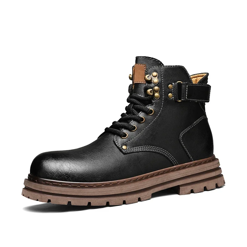 

Outdoor Leather Mens Slip on Boots Platform Shoes Luxury Brand Men Winter Plush Snow Boots Fashion All-match Men Motocross Boots