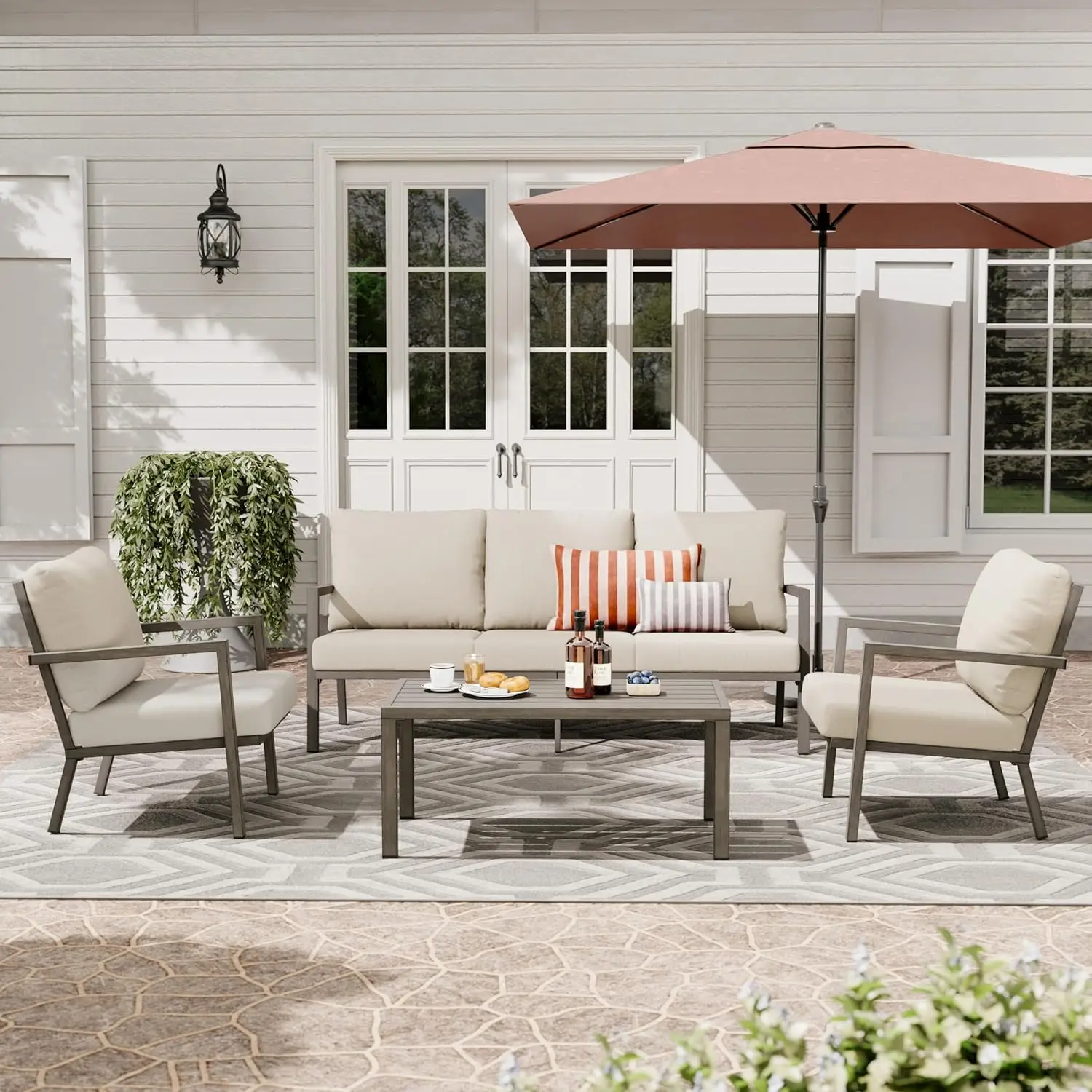 

Aluminum Patio Furniture Set, 4 Pieces Conversation Set with Thick Cushions and Coffee Table, All Weather 3-Seat, Customized