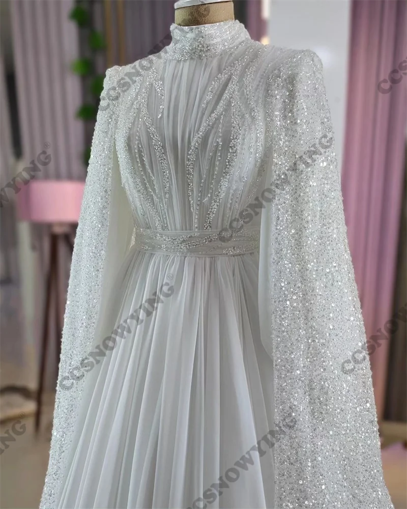 Chiffon Beaded Long Sleeve Muslim Wedding Dress for Bride Hijab Islamic Bridal Gowns High Neck Women Arabic Dubai Robe De Mariée