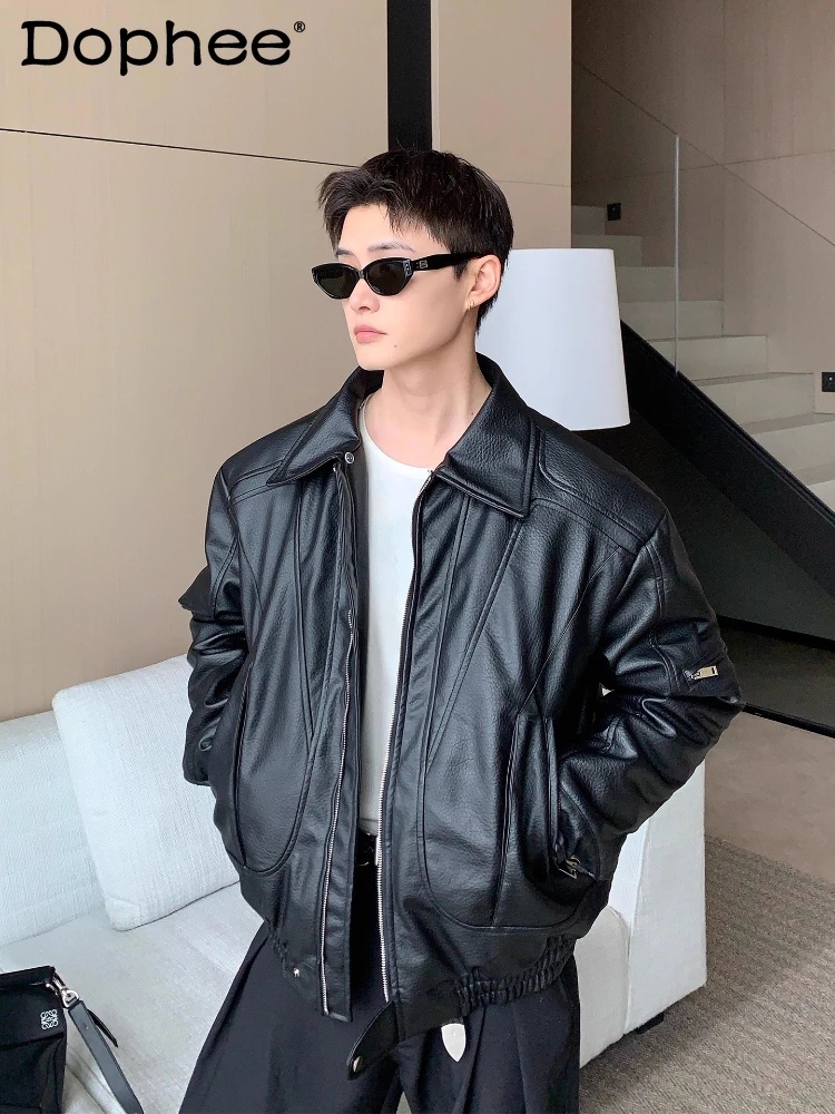 الرجال 2025 شتاء جديد انفصال فو الفراء طوق بولي معاطف معاطف جلدية الذكور وسيم دراجة نارية جاكيتات الرجعية سميكة الدافئة السترات #1