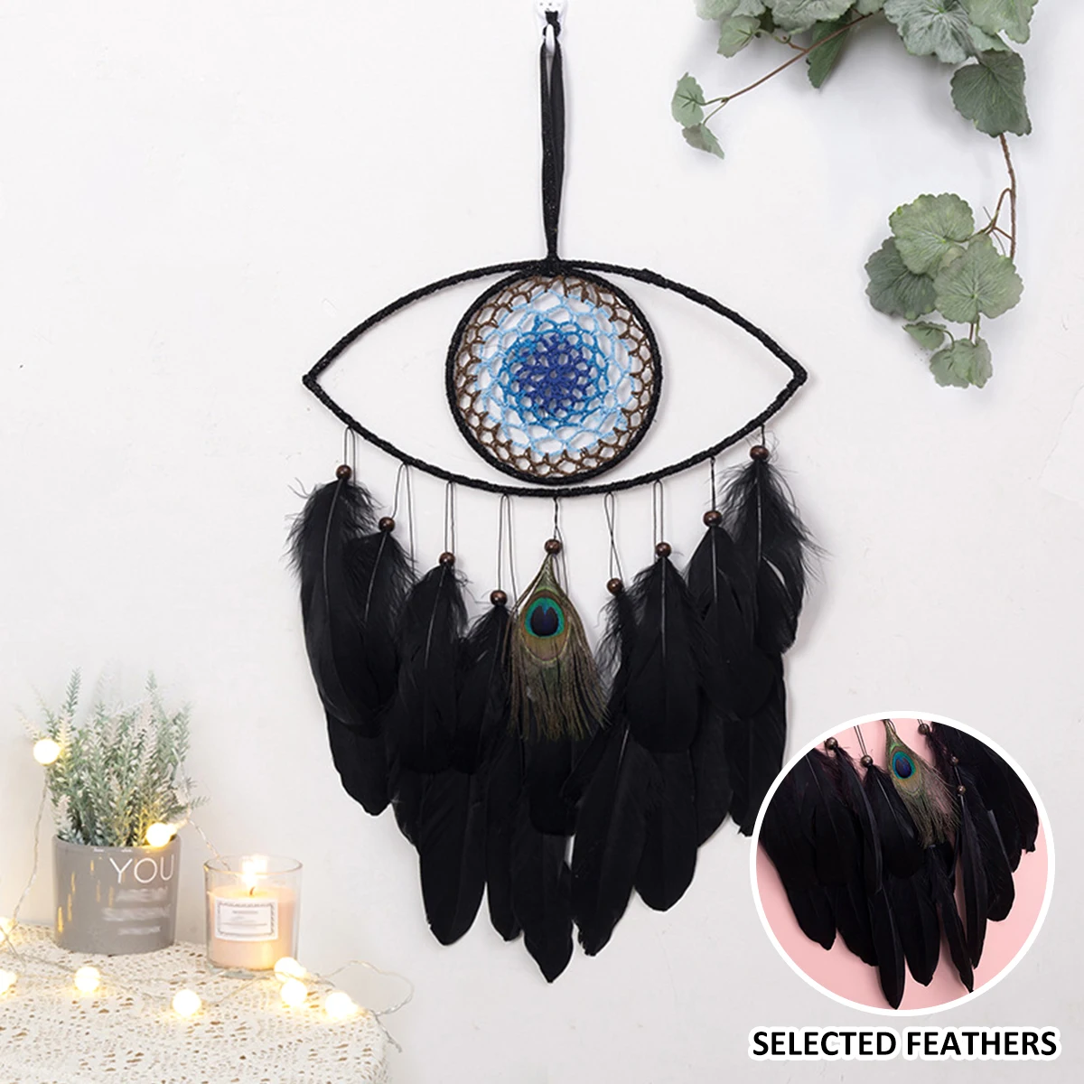 60 CM Large Evil Eye Dream Catcher Hand-woven Black Feather Dreamcatcher Wall Hanging Dreamcatcher Pendant for Home Decoration