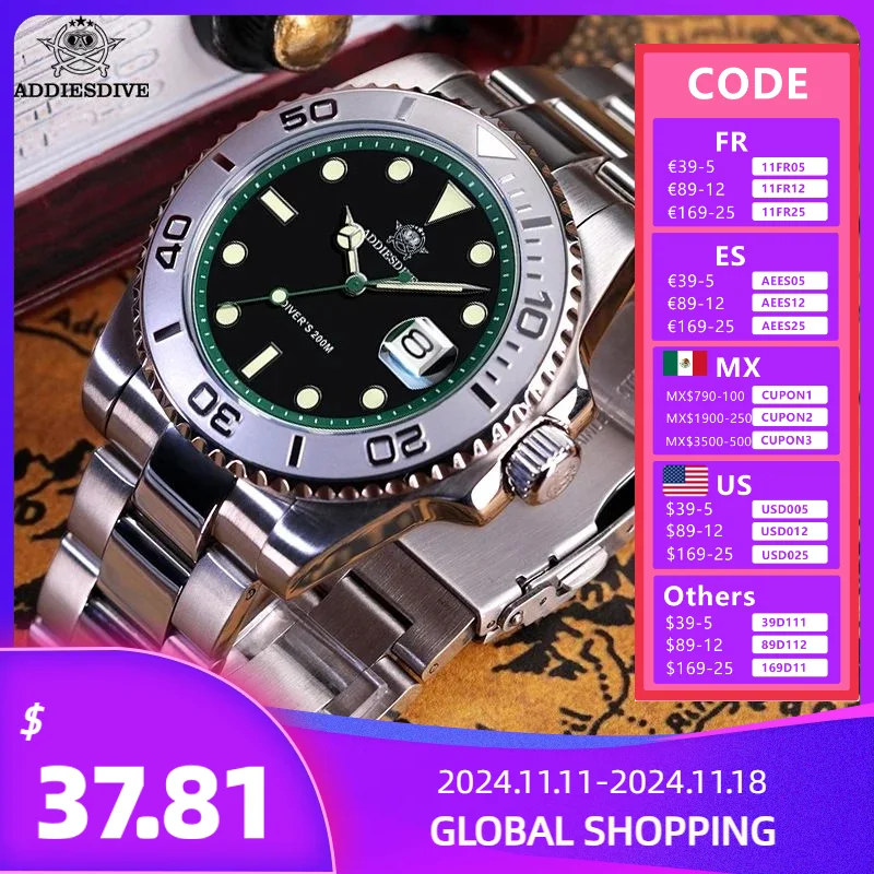 

ADDIESDIVE Waterproof Men's Watch Classic Bezel Luxury Stainless Steel 200m Diving BGW9 Luminous Quartz Watch Relogio Masculino