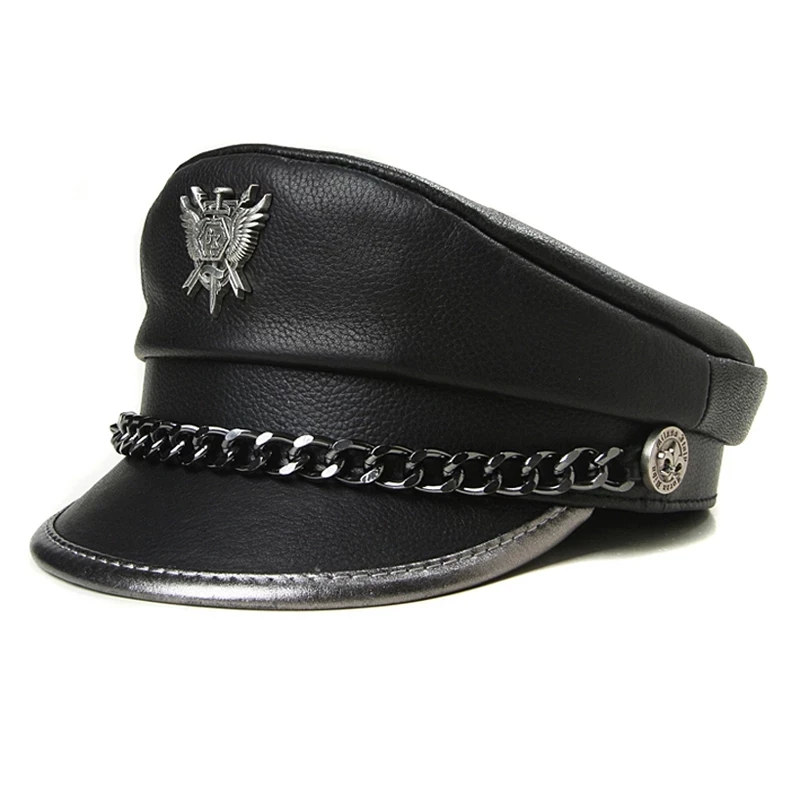 Novelty Winter Men‘s Genuine Leather Hat Male Flat Top Badge Locomotive Retro Military Caps Students Punk Cortical Chain Gorra