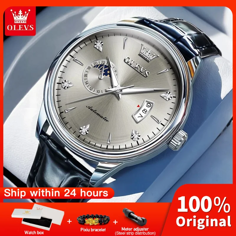 

OLEVS 7040, оригинальные механические наручные часы, кожаный ремешок, водостойкий светящийся автоматический дата, фаза Луны, Reloj Hombre