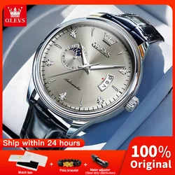 OLEVS 7040 Mens Watch Original Mechanical Wristwatch Leather Strap Waterproof Luminous Automatic Date Moon Phase Reloj Hombre