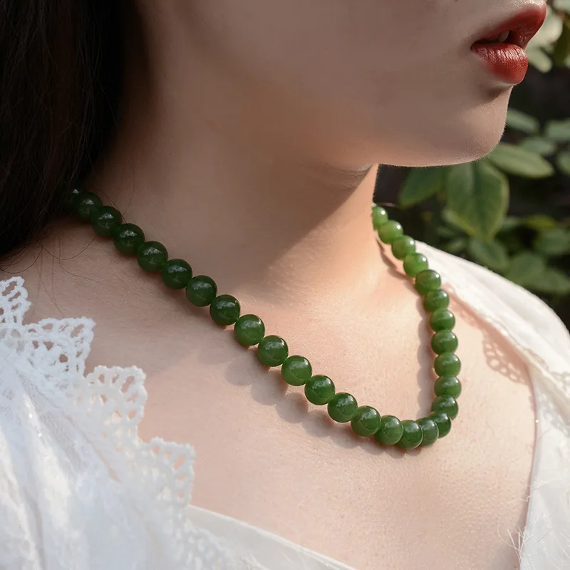Hetian Jade Necklace, Unisex Style, With Natural Spinach-Green Round Beads, No Black Spots