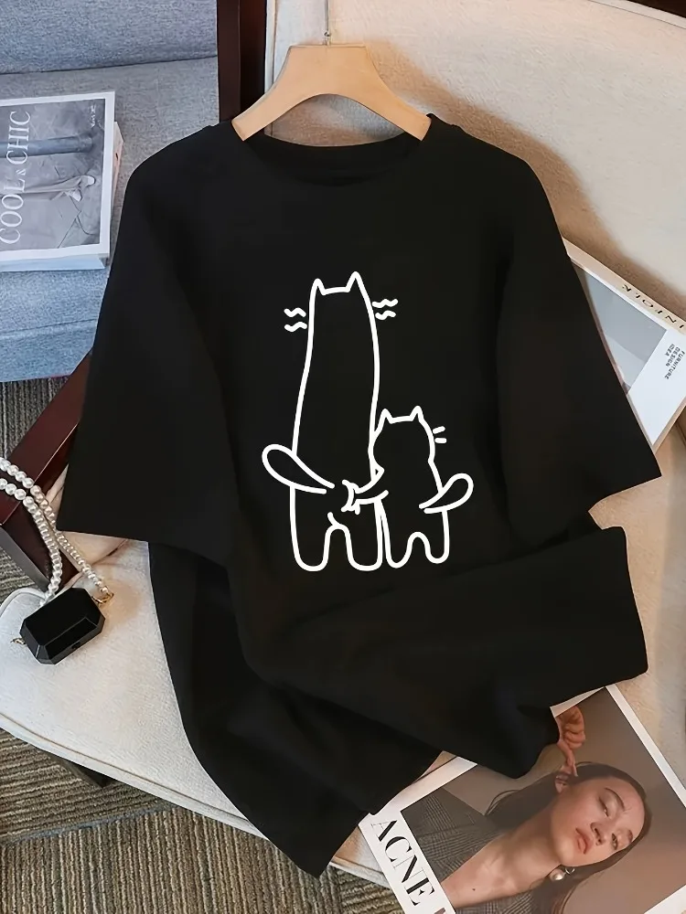 

New Minimalist and Versatile Cat Short Sleeved Top Fashionable and Niche Casual T-shirt Plus Size Harajuku Shirt Y2K Top