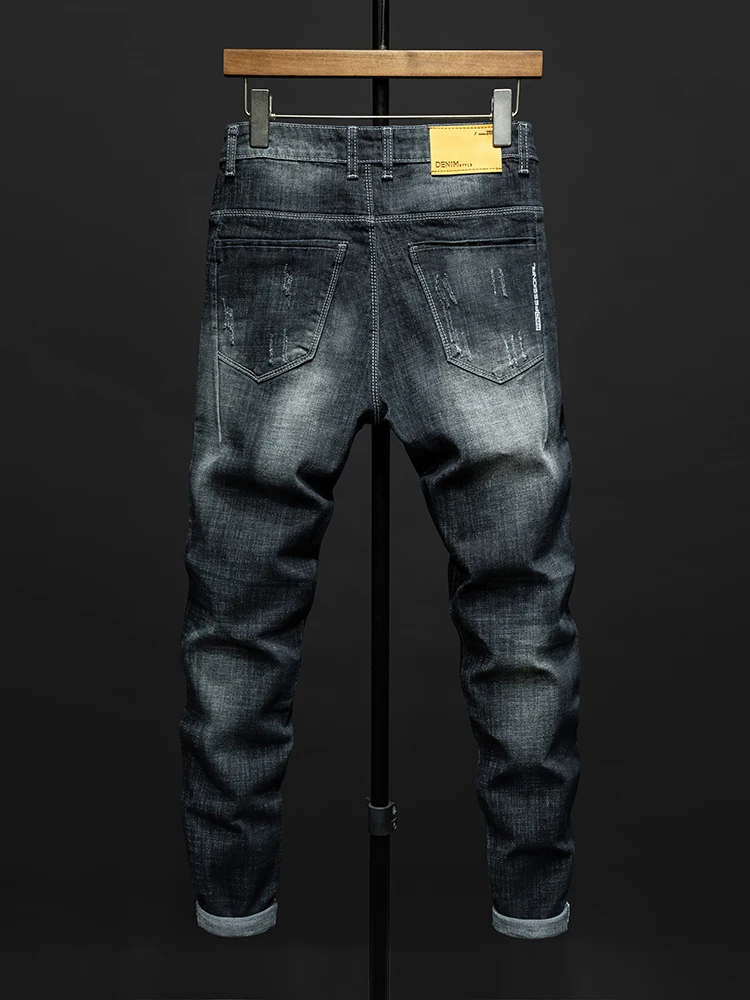 Fashion Ripped Men\'s Slim Straight Stretch Jeans Korean Personality Streetwear Denim Pants Classic Black Hip Hop Male Trousers