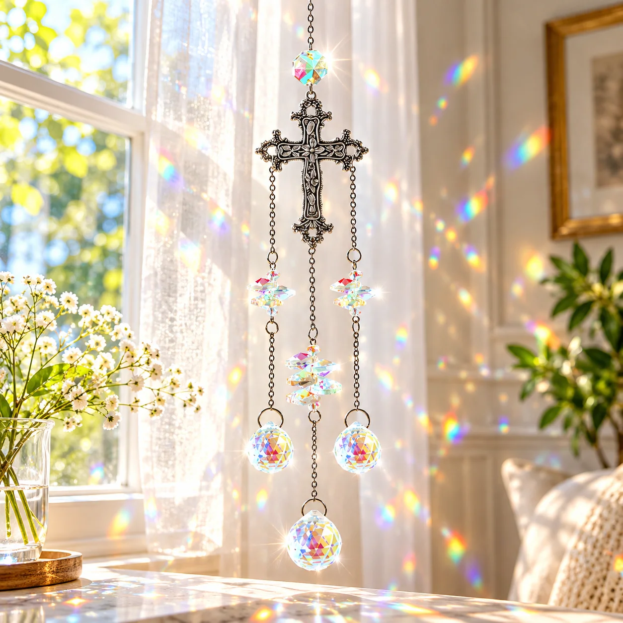 Vintage Cross Crystal Sun Catcher, Rainbow Prism Hanging Suncatcher Pendant, Tassel Window Home Garden Decor Religious Gift