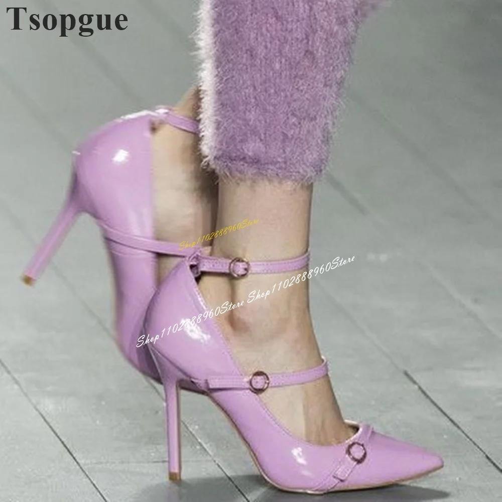 

Stylish Light Purple Patent Leather Pumps Thin High Heel Women Shoes Buckle Strap Pointed Toe 2024 Fashion Zapatos Para Mujere