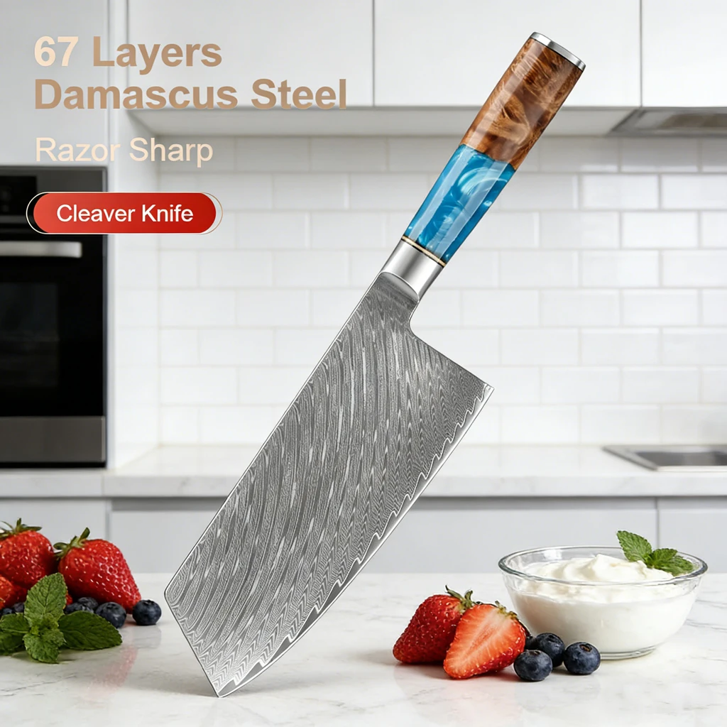 

7.5 inch Cleaver knife Damascus steel chef knife Slicing Meat Cleaver kitchen knife with Blue Resin Wood Handle