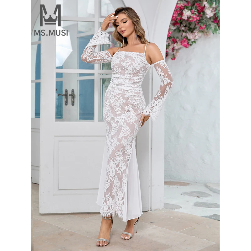 

MSMUSI 2024 New Fashion Women Sexy Strap Off The Shoulder Lace Mesh Fold Long Sleeve Bodycon Party Club Event Maxi Dress Gown