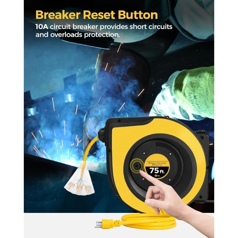 بكرة سلك تمديد قابلة للسحب 75 قدم شديدة التحمل 14AWG 3C SJTOW منفذ ثلاثي مع قاطع دائرة جدار سقف جبل UL #5