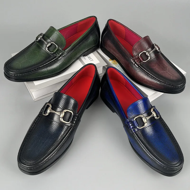 Men Dress Shoes Loafers Genuine Leather Shoes Business Wedding Party Shoes Men Slip On Casual Green Shoes Office Formal Shoes