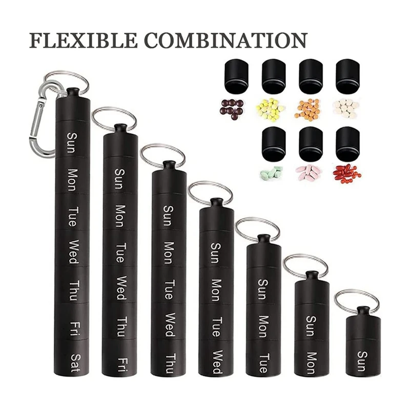 N91R-Pill Box Keychain Pill Holder Waterproof 7 Day Travel Weekly Pill Container Case Metal Compact Pill Box For Outdoor Use