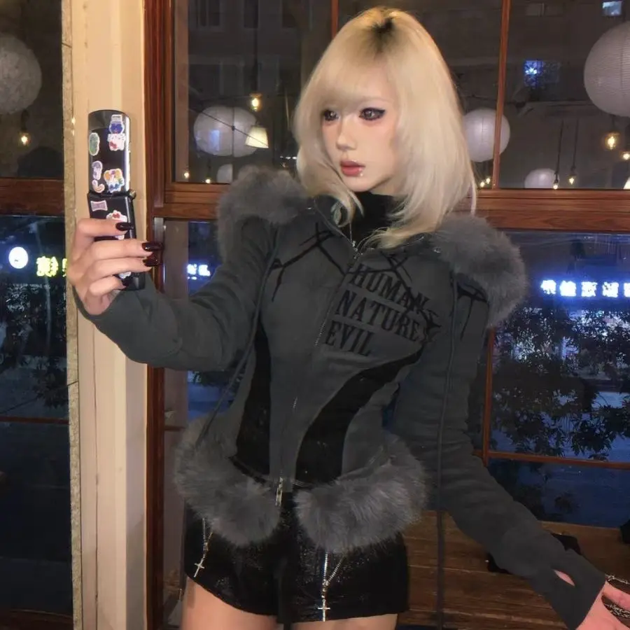 

Эстетическая мотоциклетная куртка Y2k Harajuku, пальто на молнии с буквенным принтом 90-х годов, винтажная зимняя теплая уличная одежда в стиле гранж, эмо, мода