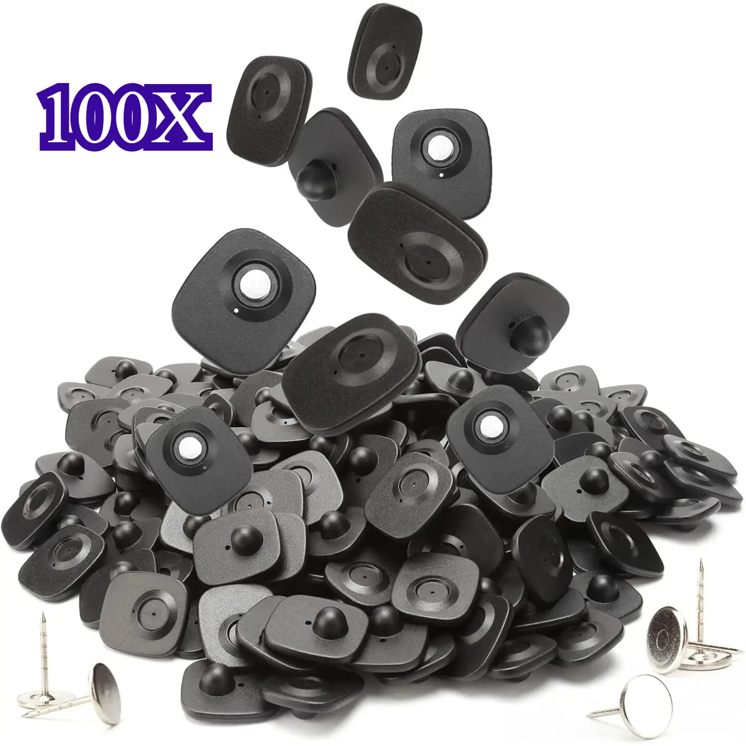 Anti-Theft Security Tag 100-Pack, 8.2MHz Square Hard Tags with Unlock Pins