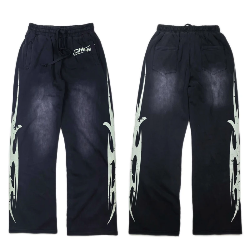 Streetwear Trendy Retro Washed Black Sweatpants High Quality Loose Pattern Printed Casual Pants
