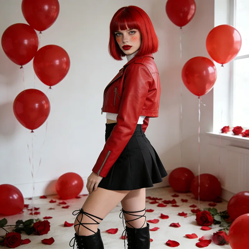 Kurze Bob-Frisur, rote synthetische Perücke für Halloween-Party-Cosplay, täglichen Gebrauch, Hochtemperatur-Haaraccessoire-Perücken-Set – Detail 4