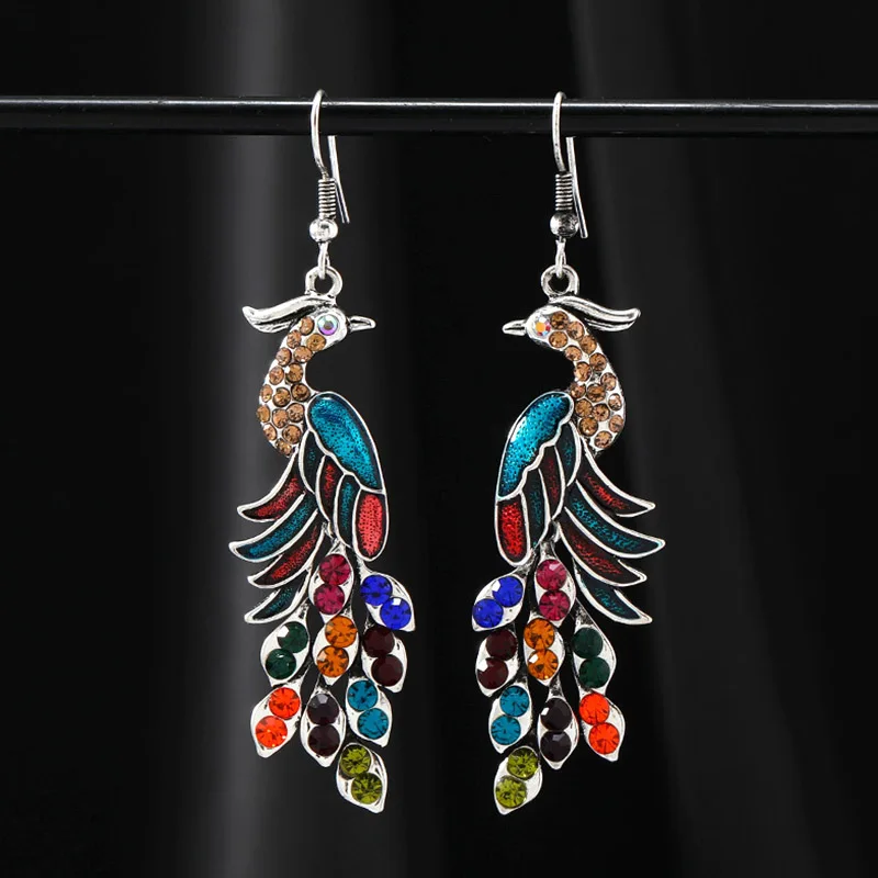 Vintage Temperament Ethnic Peacock Earrings for Women Elegant Drop Oil Rhinestone Silver Color Dangle Earring Party Jewelry