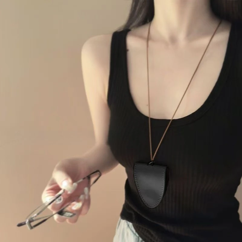 Leather Magnetic Eyeglass Case with Neck Strap, Portable Glasses Pouch, Versatile Sunglasses & Card Holder Keychain Bag