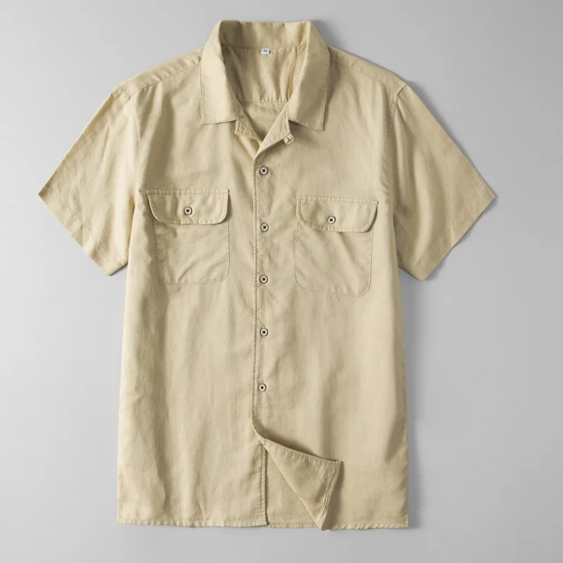 

2023 Men's Linen Short-Sleeved Shirt Workwear Loose Short-Sleeved Solid Color Shirt