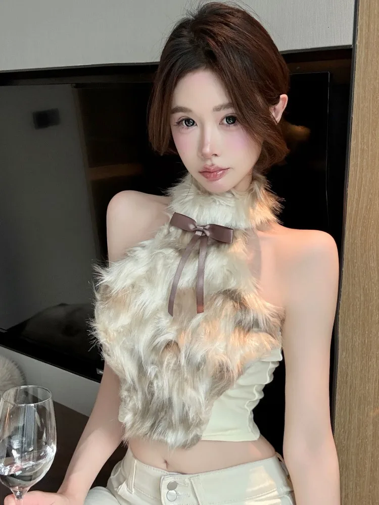 Sexy Shoulder Bared Vest with Neck Hanging Design And Back  Detail High Waist Short Style Belly Bared Clever Trick for...