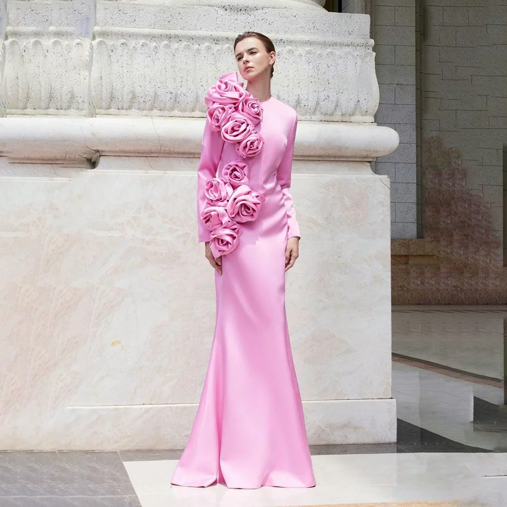 

Pink Evening Dress Customized O-Neck Long Sleeves Flower Mermaid Evening Gowns Floor Length Jersey Formal Party Dresses