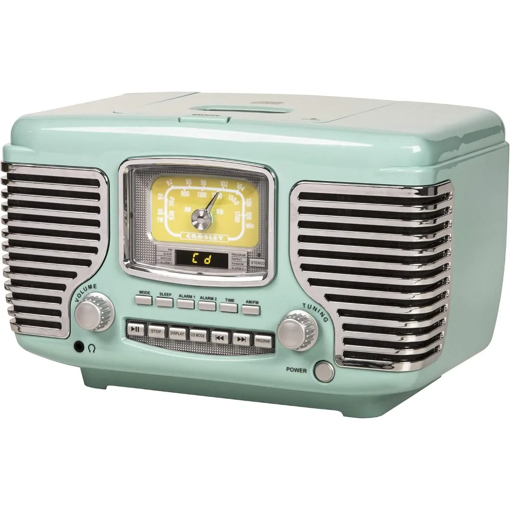 مشغل أقراص مضغوطة Aqua Blue Crosley Corsair مع راديو AM/FM وساعة منبه مزدوجة وراديو بلوتوث على سطح الطاولة