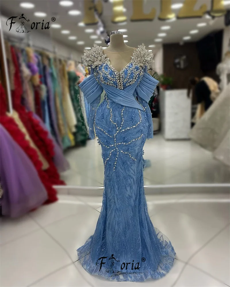 Luxury Dubai Arabic Blue Evening Dress Mermaid Long Sleeve Crystal Beaded 3D Lace Wedding Party Dresses robe de soiree femmes