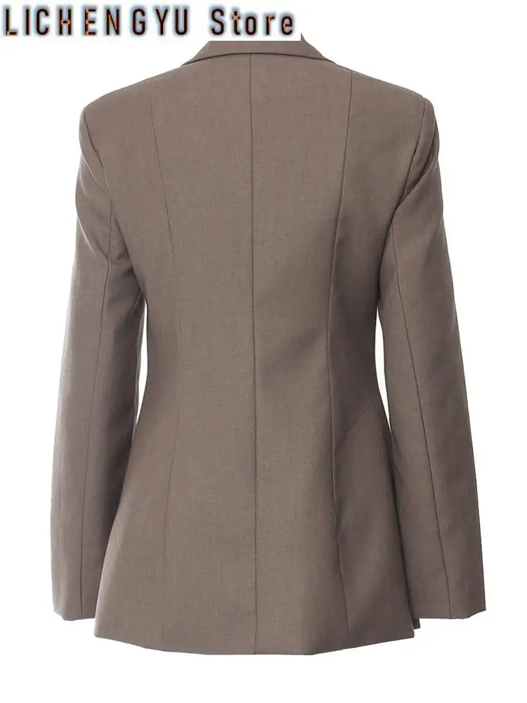 Blazer elegante de vendaje marrón para mujer, chaqueta de manga larga con solapa, tendencia de moda, primavera y otoño