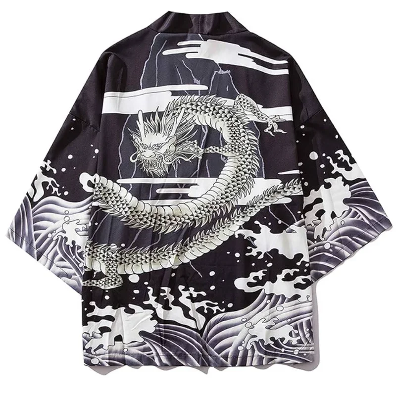 Summer Japanese Style Anime Dragon Print Cosplay Haori Yukata Top Adult Traditional Samurai Loose Kimono Cardigan for Men Women