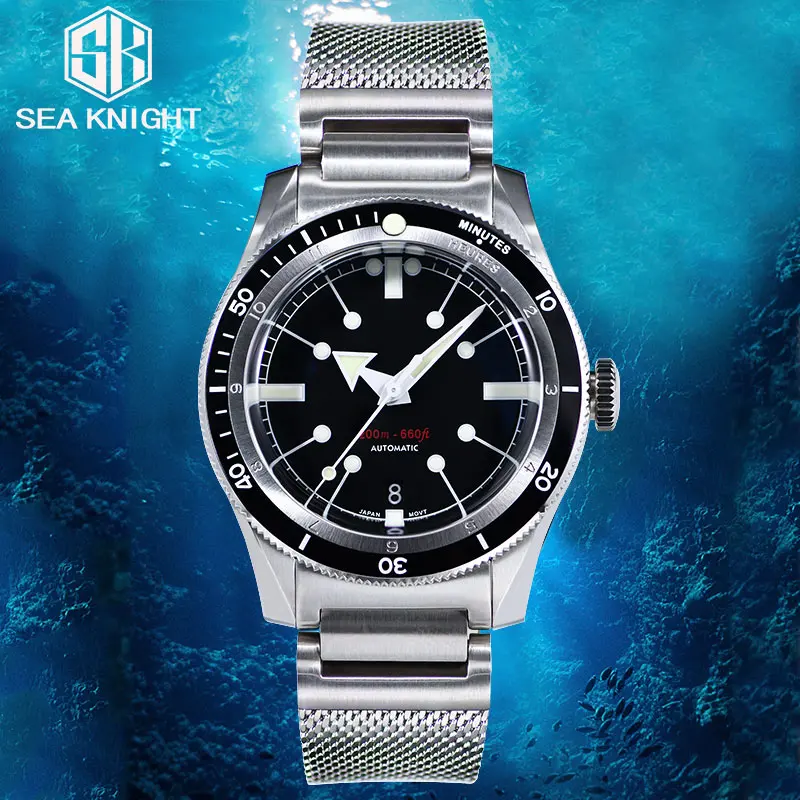 SEA KNIGHT Man Diving Watch 200M Waterproof 316L Steel Mesh Belt C3 Luminous Sapphire Crystal NH35A Mechanical Automatic Watches