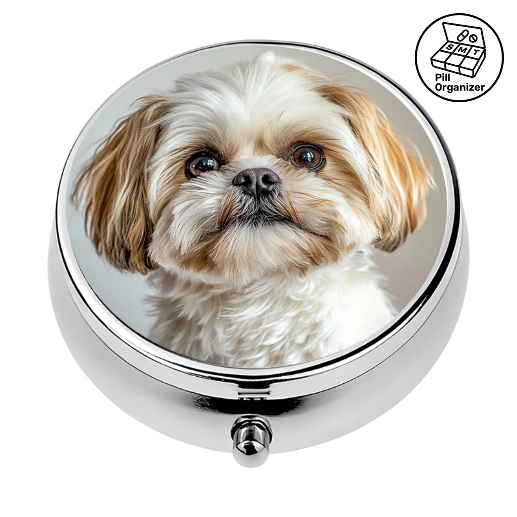 1 Cute Shih Tzu Dog-Shaped Pill Box, Three-Compartment Metal-Textured Plastic Case - Portable Travel Medicine Organizer, Vitamin Box, Compact Pill Box, Suitable for Shih Tzu Enthusiasts, Small Pill Box (Durable Pet-Themed Gift)