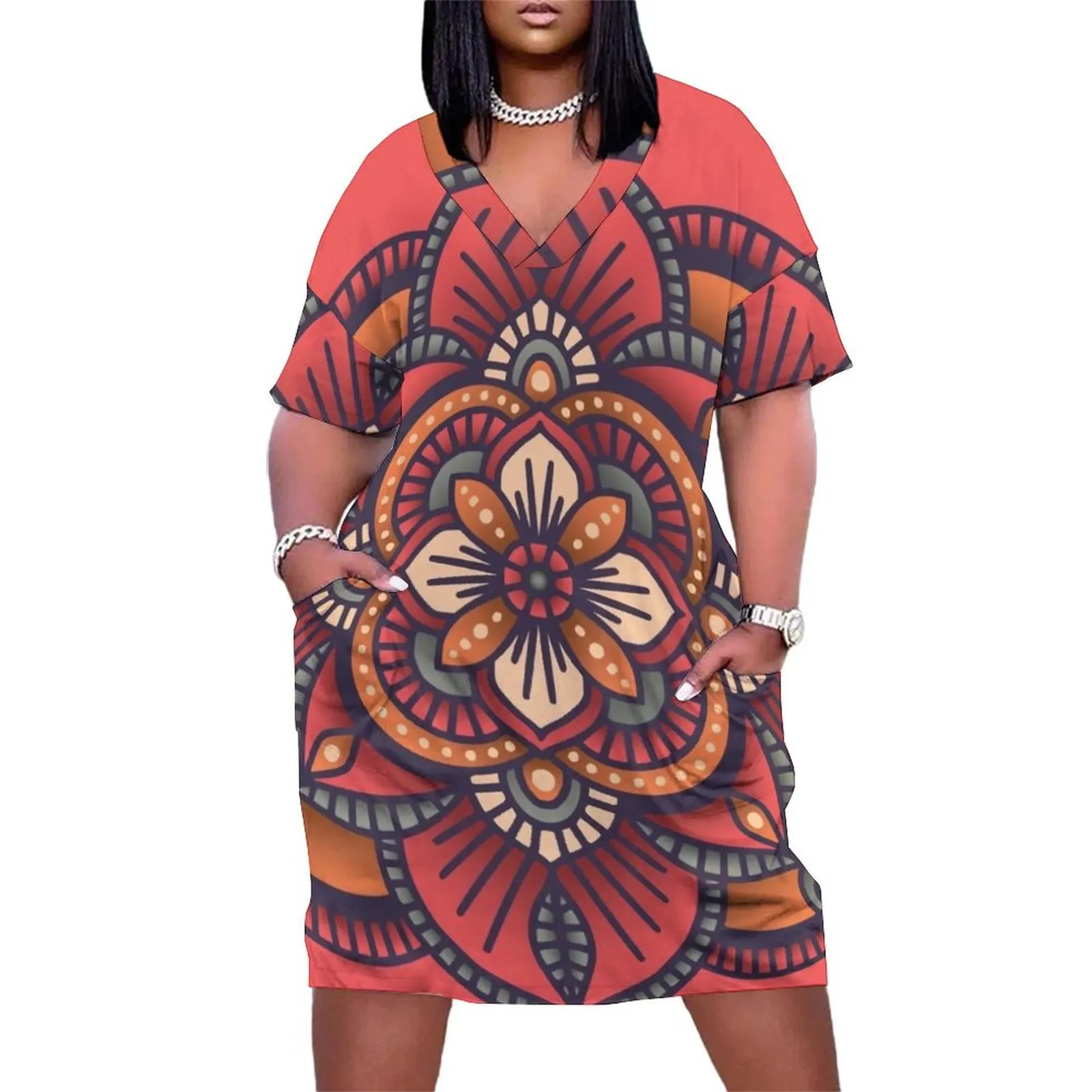 

Red Mandala Loose Pocket Dress Long dresses Women's skirt