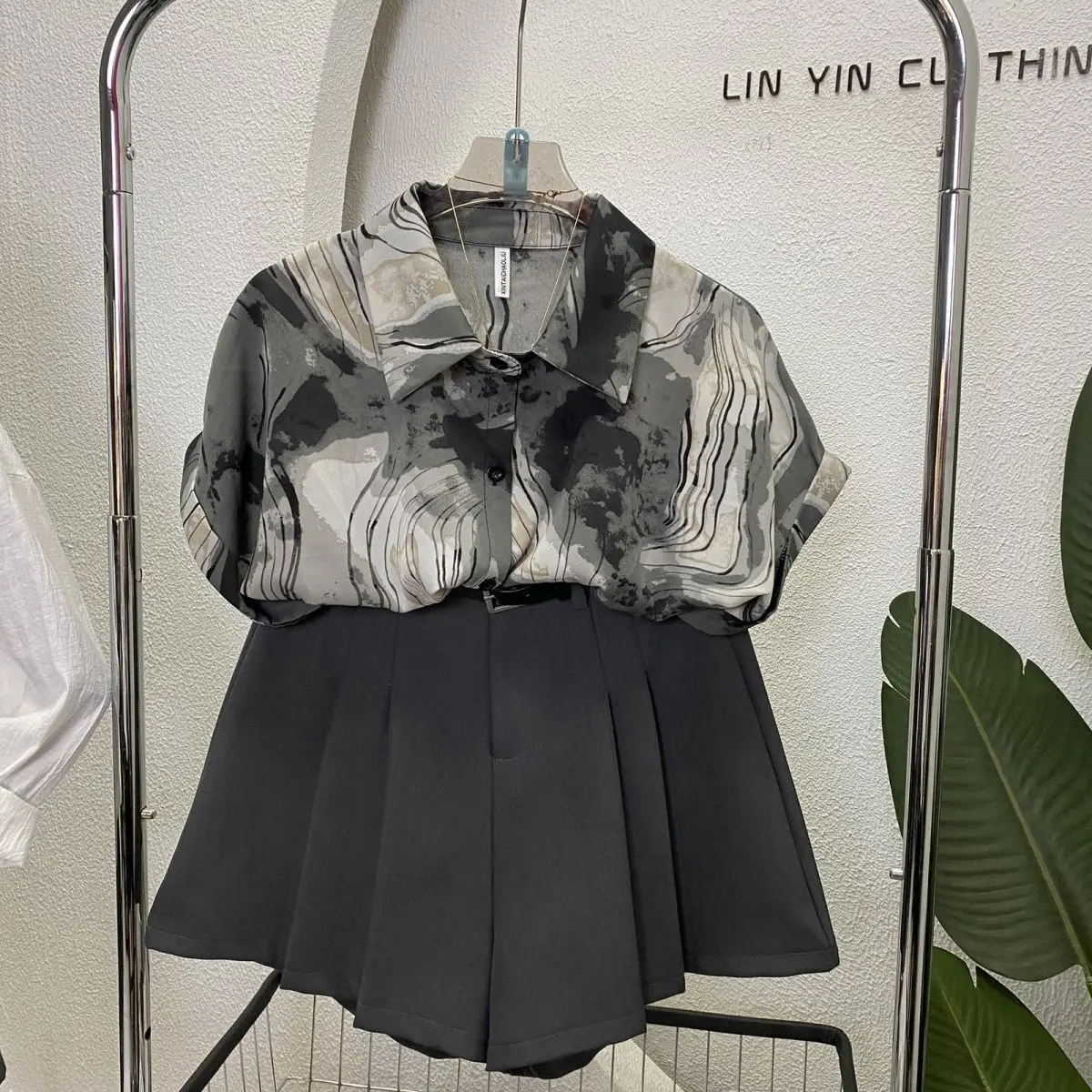 Black Gray Tie-dye Printing Short-sleeved Shirt Women Flavor Loose Polo Collar Versatile Blouse Shirt