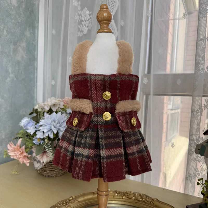 Retro Wine Red Woolen Grid Skirts Puppy Dog Cat Clothing Winter Plush Warm Sling Dresses For Small Medium Dog Poodle Pet Clothes