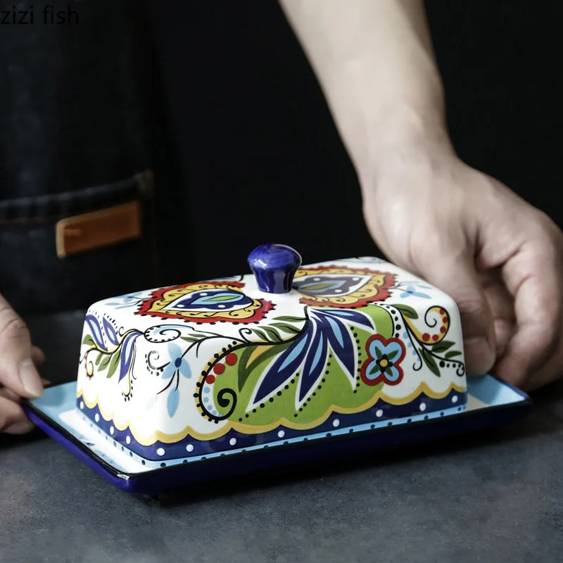 Plato de mantequilla de cerámica con tapa, patrón pintado a mano creativo, caja de mantequilla, plato de Dim Sum, plato de queso, vajilla especial para el hogar