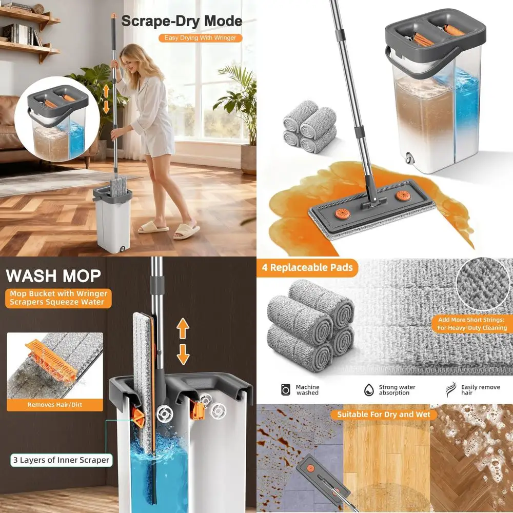 

Home Cleaning Kit: Flat Mop, Bucket, and Wringer with 4 Microfiber Pads for Floors and Windows