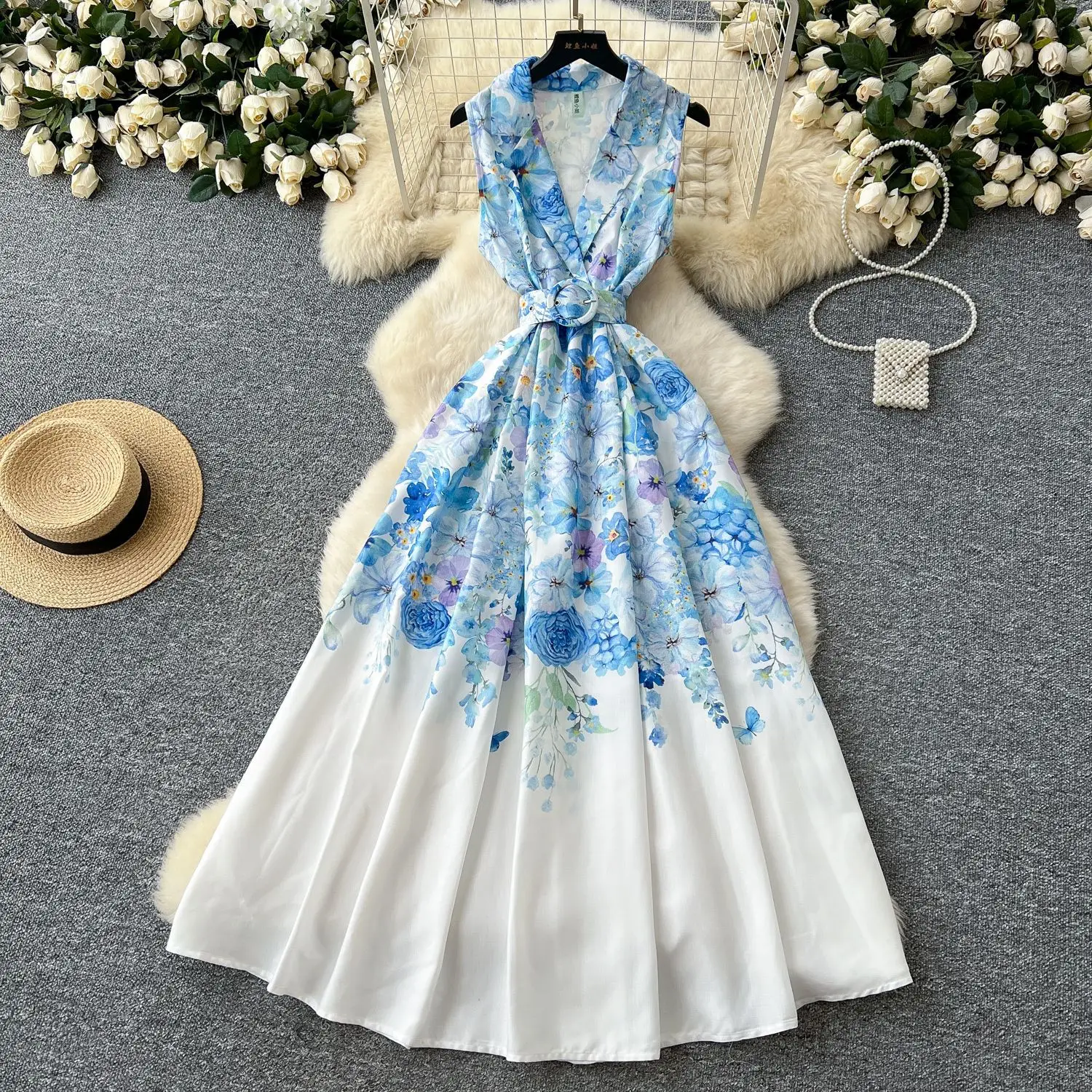 

Dress Women Long Dresses A Line Vestidos High Waist Print Floral Turn Down Collar Sleeveless Elegant Splice Y2k Streetwear Work
