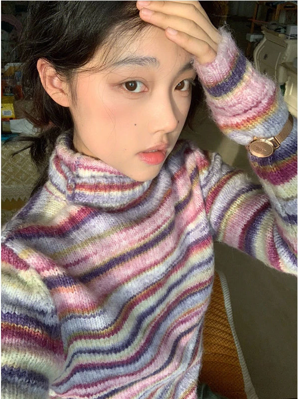 QWEEK Y2k Vintage Retro Striped Rainbow Sweater Women Japanese Harajuku Grunge Turtleneck Knitted Knit Pullovers 2024 Autumn