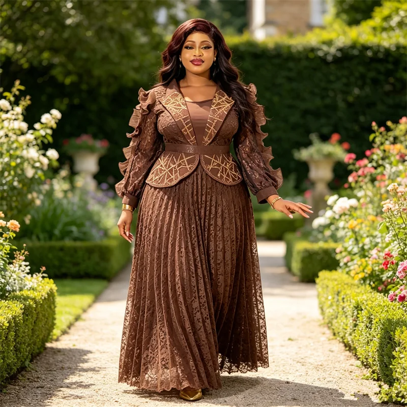 

New Plus Size Luxury African Dresses for Women Elegant Pleated Maxi Robe Ankara Dashiki Outfits Wedding Party Evening Dress Gown