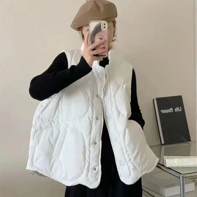 Autumn Winter Stand Collar Oversize Down Waistcoat Warm Parkas Women Light White Duck Down Vest Coat Lady Short Sleeveless Tank