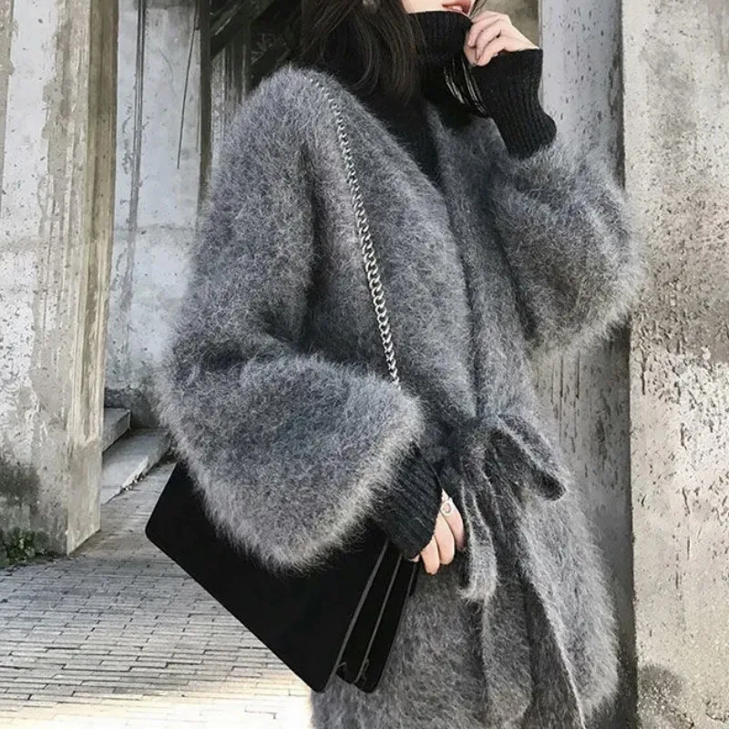 

Autumn/Winter 2022 New Coat Mink Fleece Plus Velvet Sweater Women Cardigan Lace Coat Loose Mid-length Lazy Style