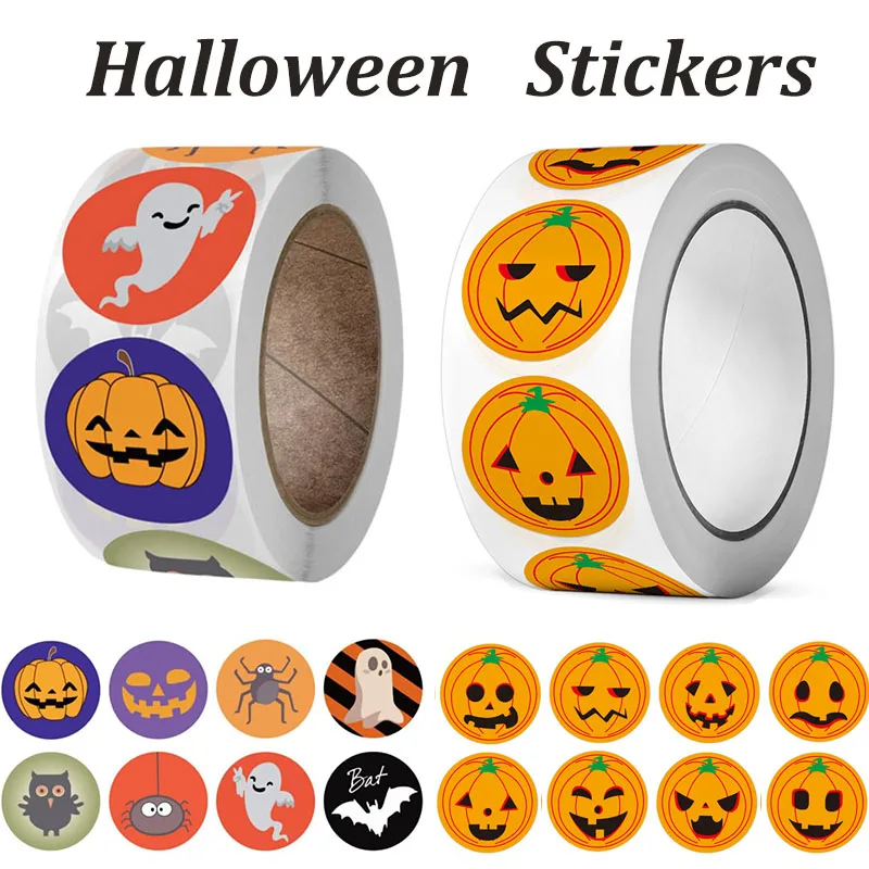 Round Self-adhesive Sticker Paper Halloween Roll Gift Candy Bag Wrapping Label Sticker Pumpkin Party Decoration Sealing
