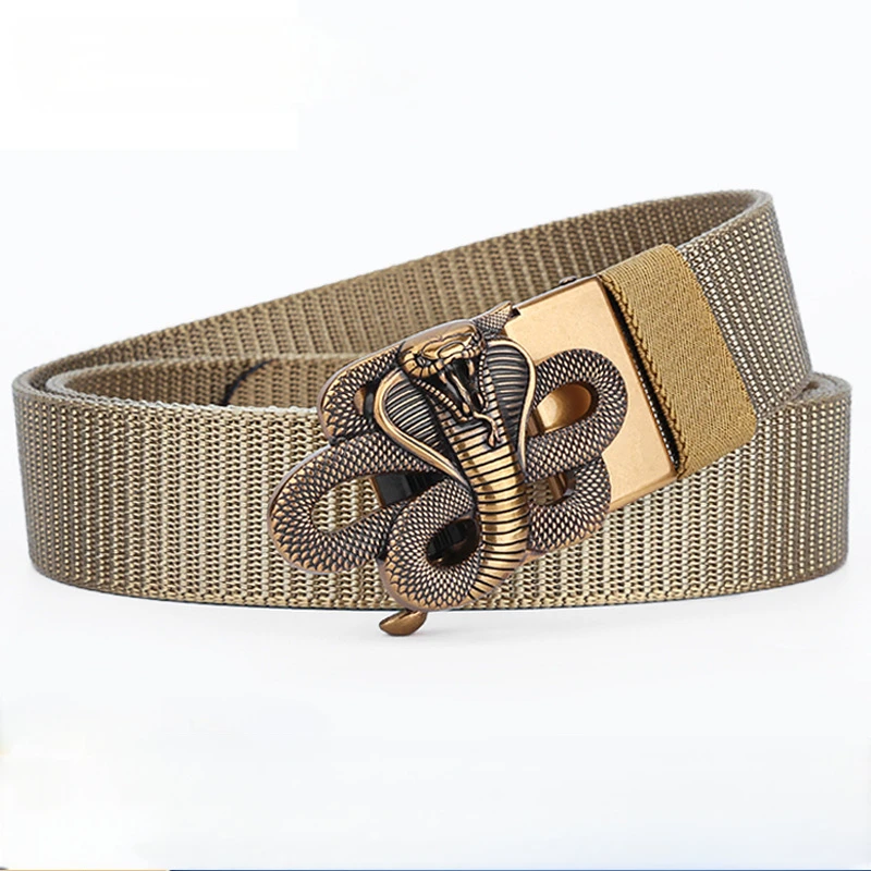 メンズ用ウエスタンスネーク自動バックルキャンバスベルト、ファッションプラスサイズ、戦術的アウトドアカジュアルベルト
