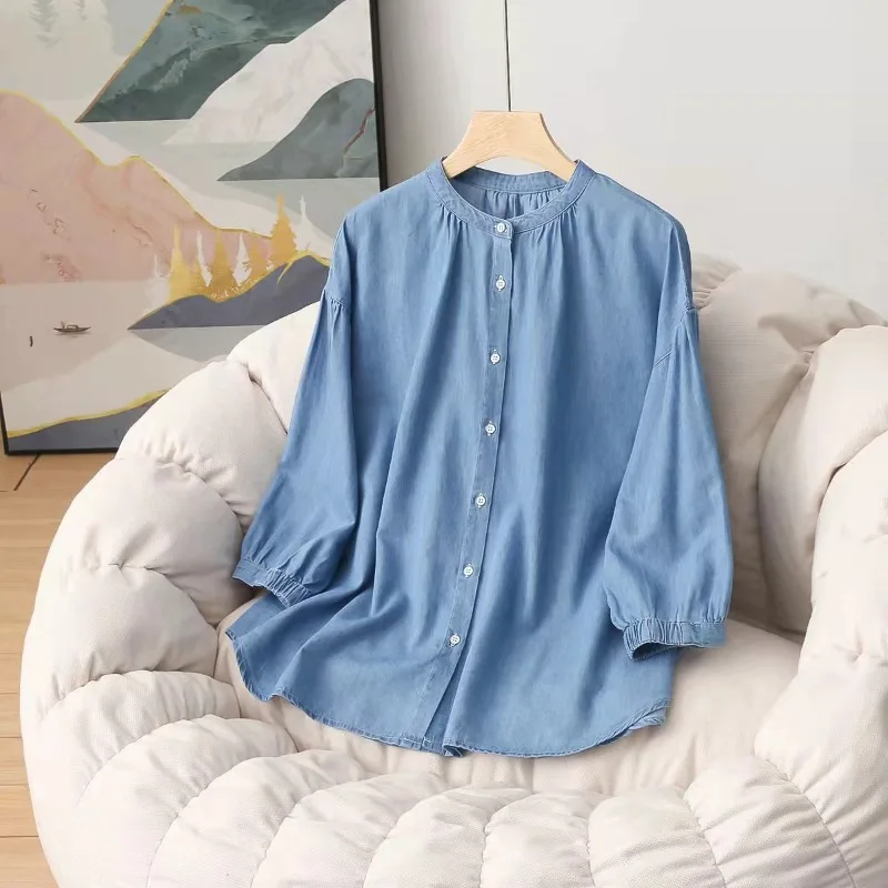 Spring/summer Seven-quarter Sleeve Denim Soft Loose Blouse Blouse Woman