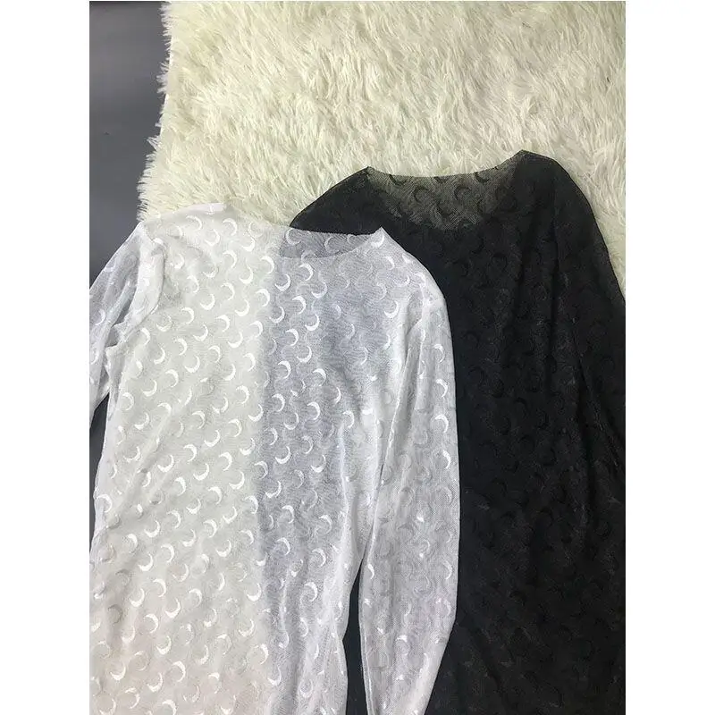 Damska koszulka z siateczki z długim rękawem, chroniąca przed słońcem, seksowna, ażurowa, jednolita, dopasowana, streetwear